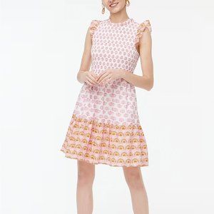 NWT J. CREW Ruffle Sleeve Mini Dress Pink Block Print Scallo Medium